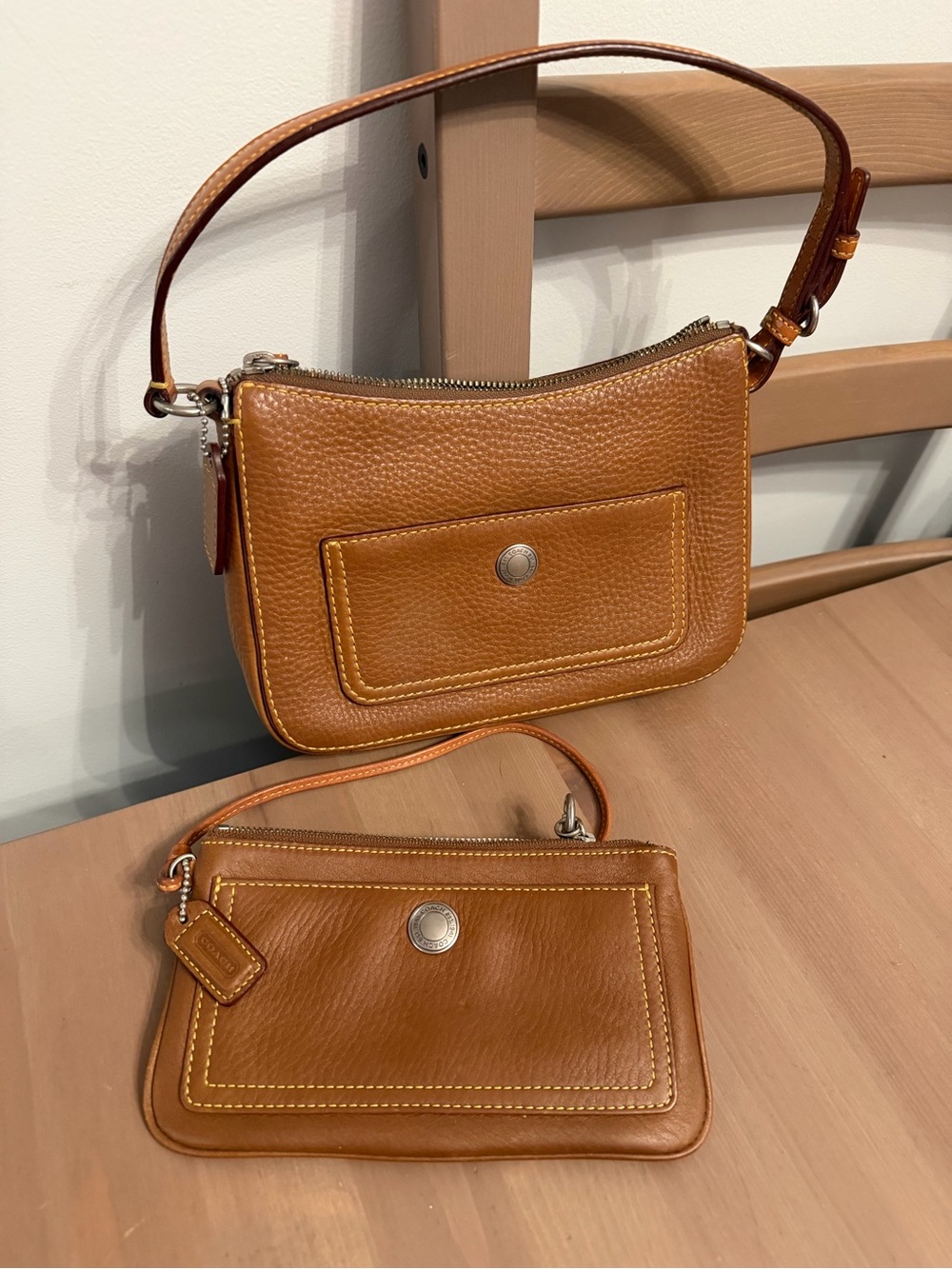 Coach Mini Shoulder Bag and Wristlet in Saddle Tan